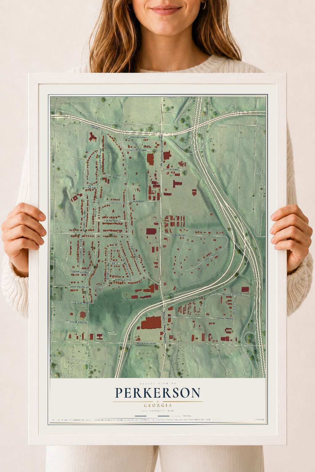 Perkerson, Georgia map print, 18" x 24" W/ White Ayous Wood Frame mockup