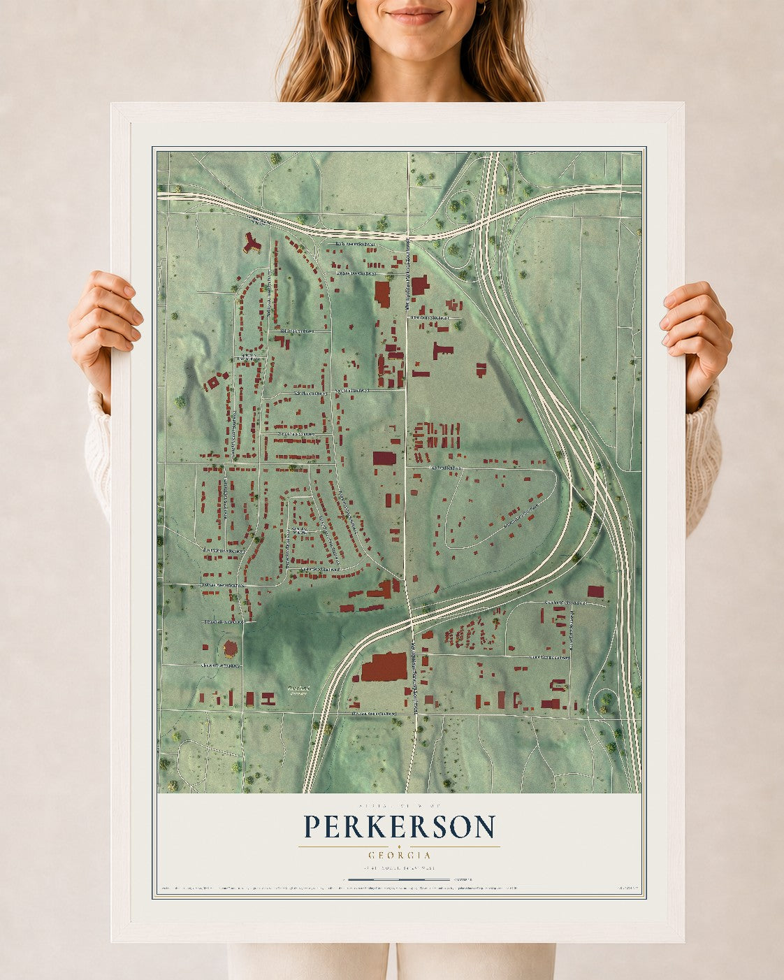 Perkerson, Georgia map print, 24" x 36" W/ White Ayous Wood Frame mockup