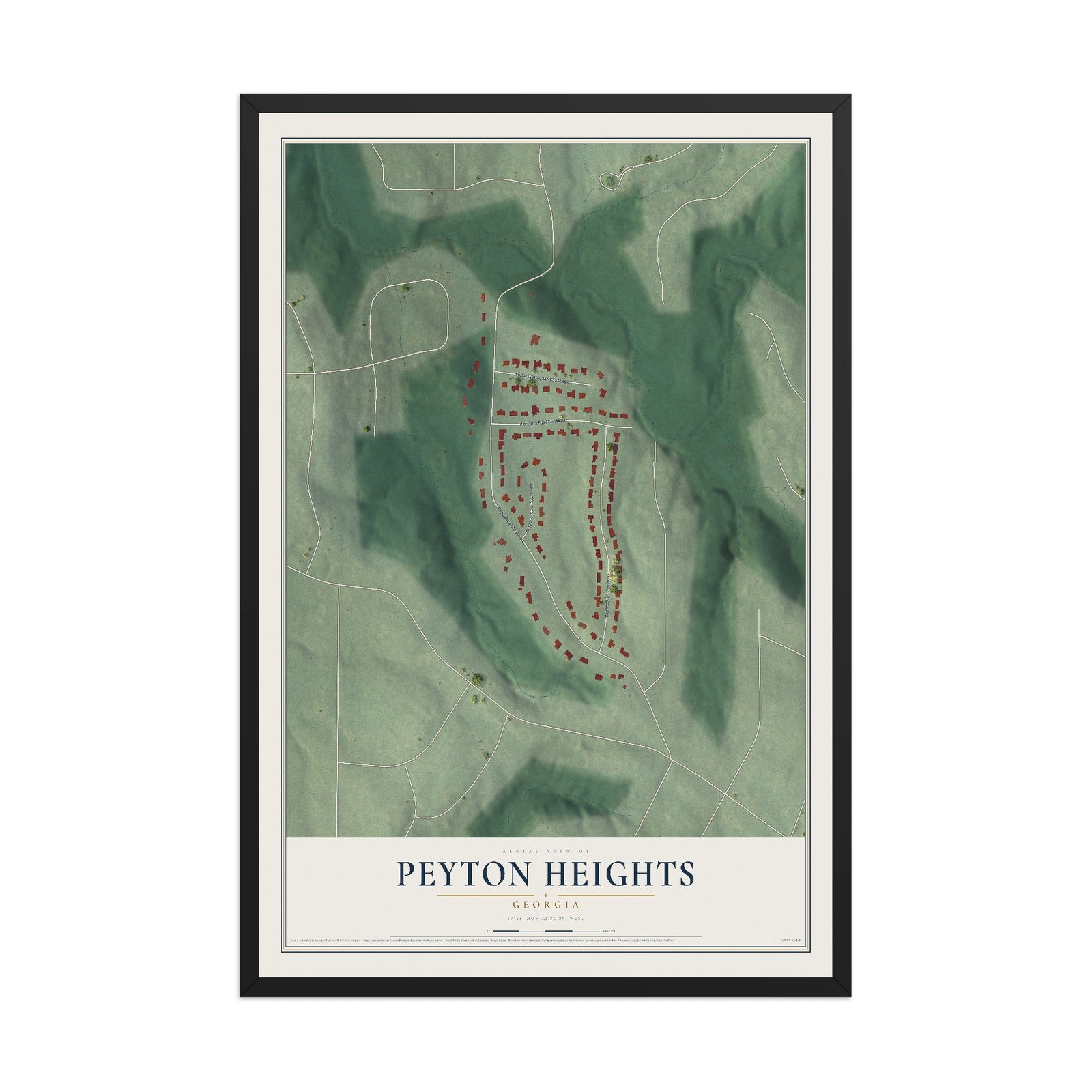 Peyton Heights, Georgia map print, 12" x 18" W/ Black Ayous Wood Frame mockup
