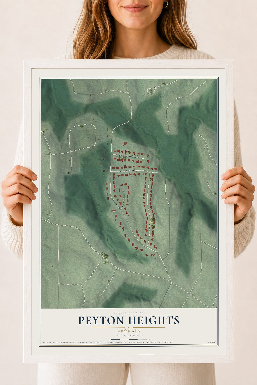Peyton Heights, Georgia map print, 18" x 24" W/ White Ayous Wood Frame mockup