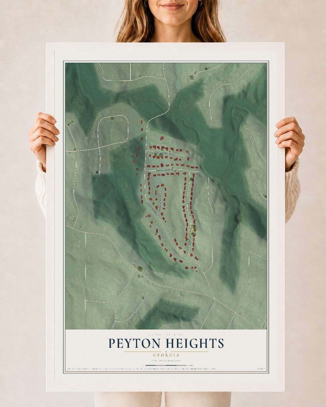 Peyton Heights, Georgia map print, 24" x 36" W/ White Ayous Wood Frame mockup