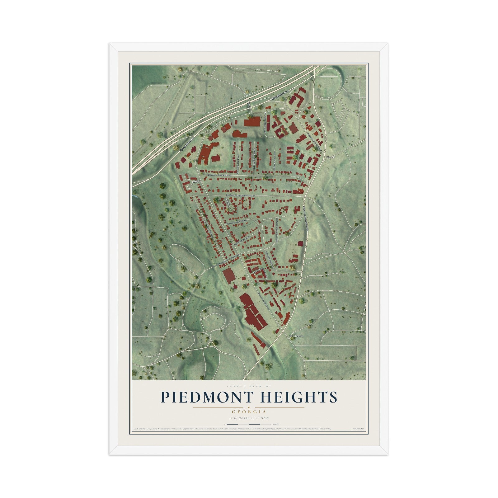 Piedmont Heights, Georgia map print, 12" x 18" W/ White Ayous Wood Frame mockup