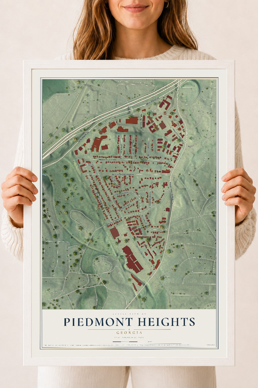 Piedmont Heights, Georgia map print, 18" x 24" W/ White Ayous Wood Frame mockup