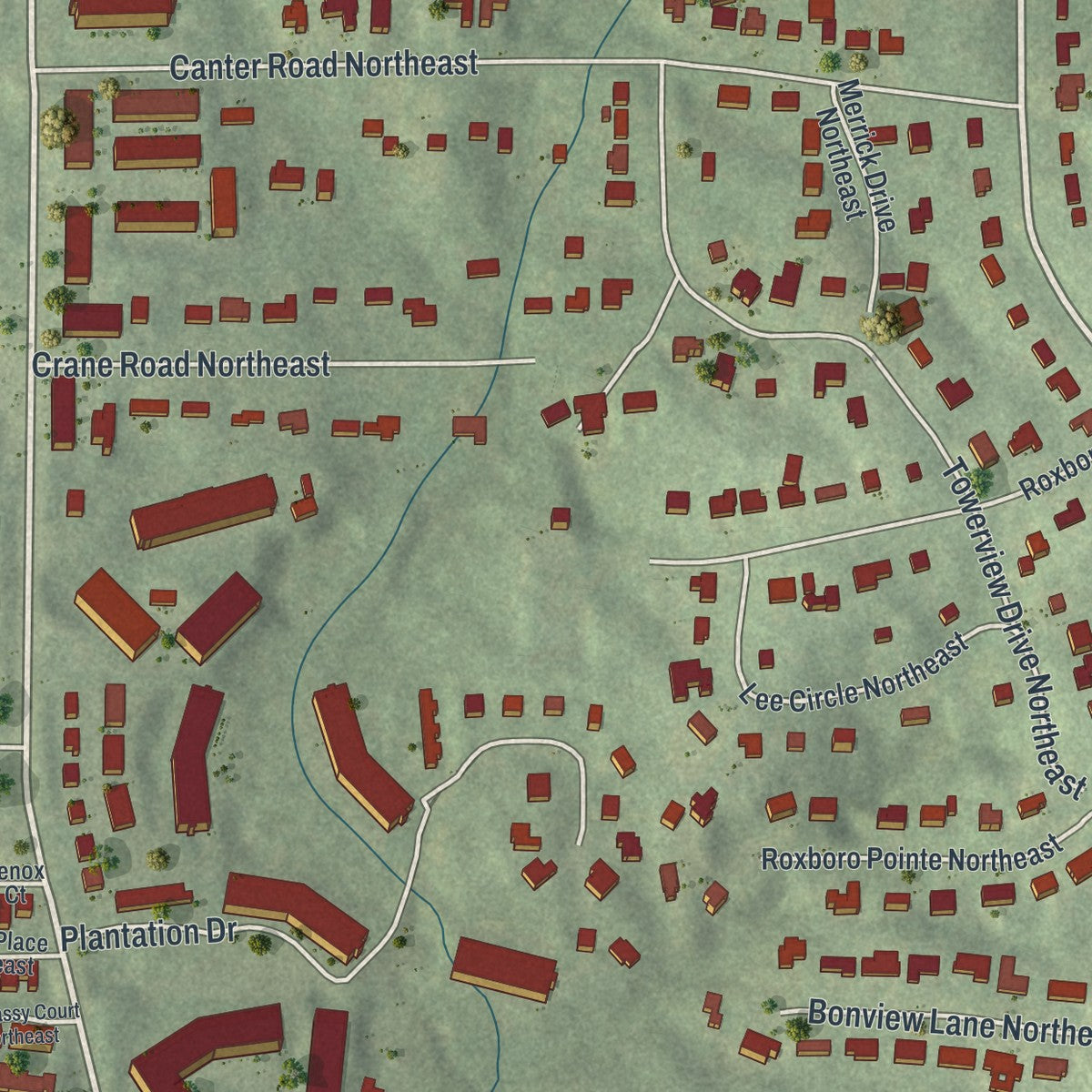Close-up 2 of the Pine Hills, Georgia map artwork