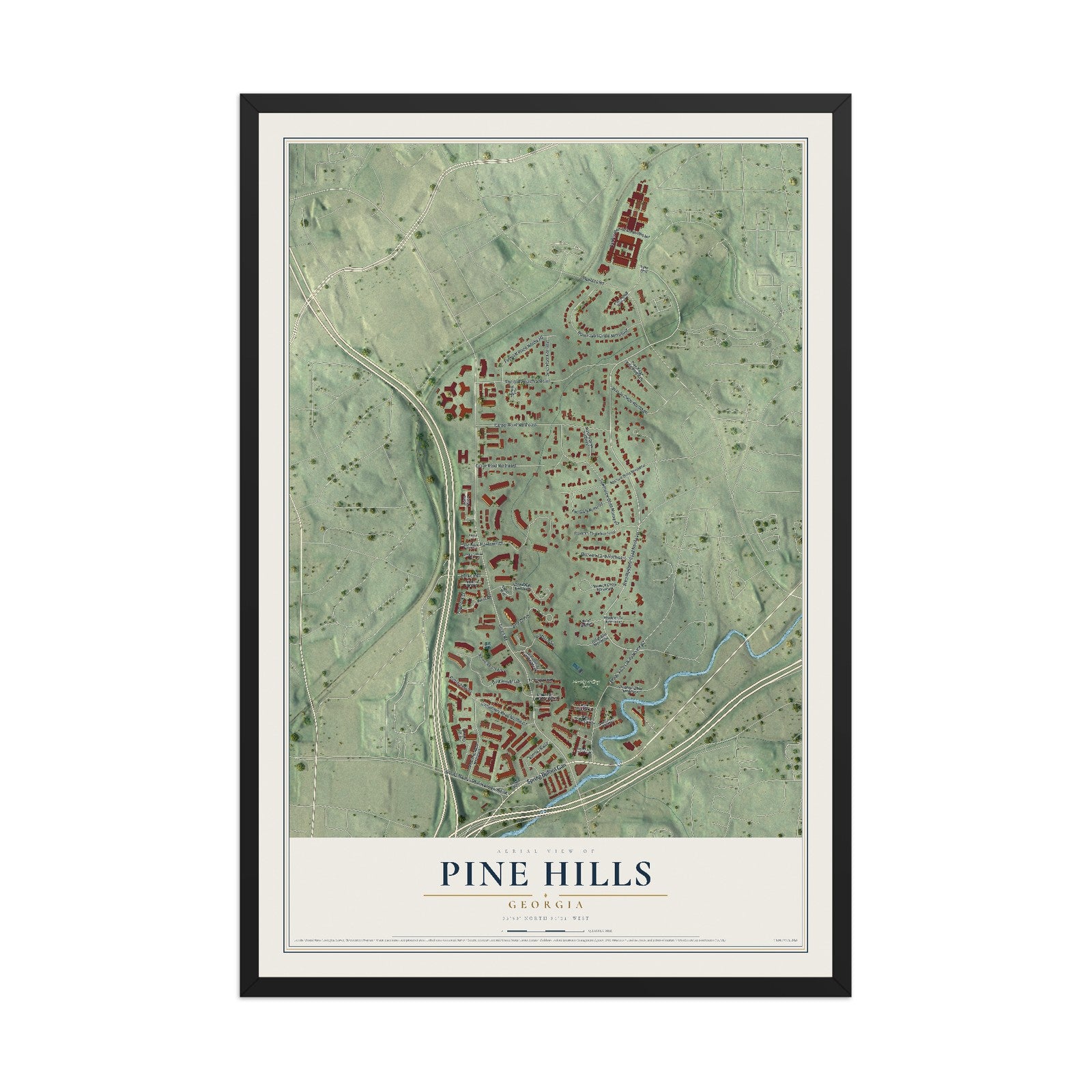 Pine Hills, Georgia map print, 12" x 18" W/ Black Ayous Wood Frame mockup