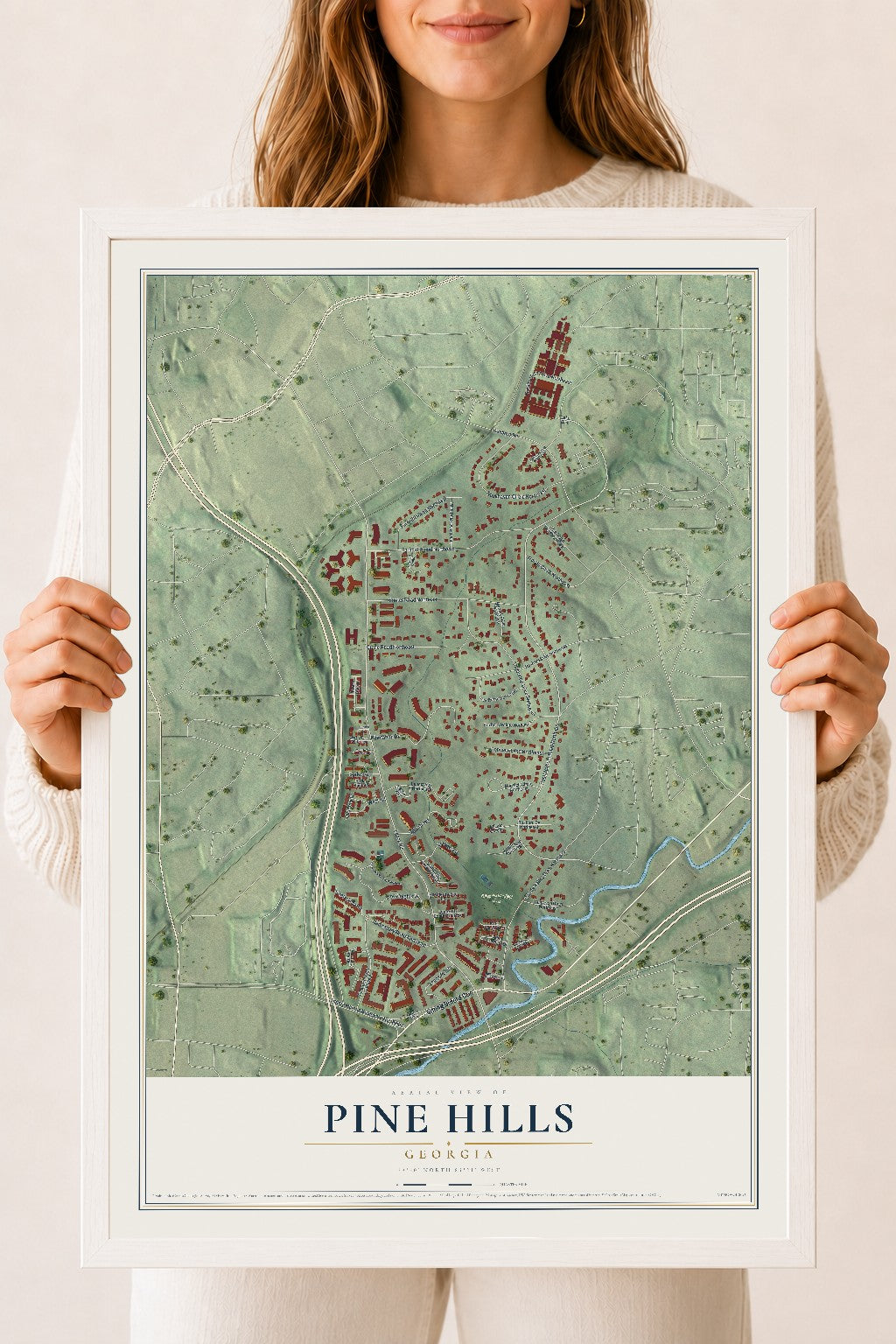 Pine Hills, Georgia map print, 18" x 24" W/ White Ayous Wood Frame mockup