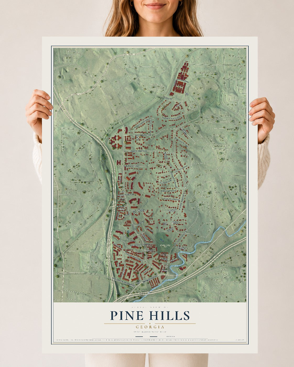 Pine Hills, Georgia map print, 24" x 36" Archival Matte Print mockup