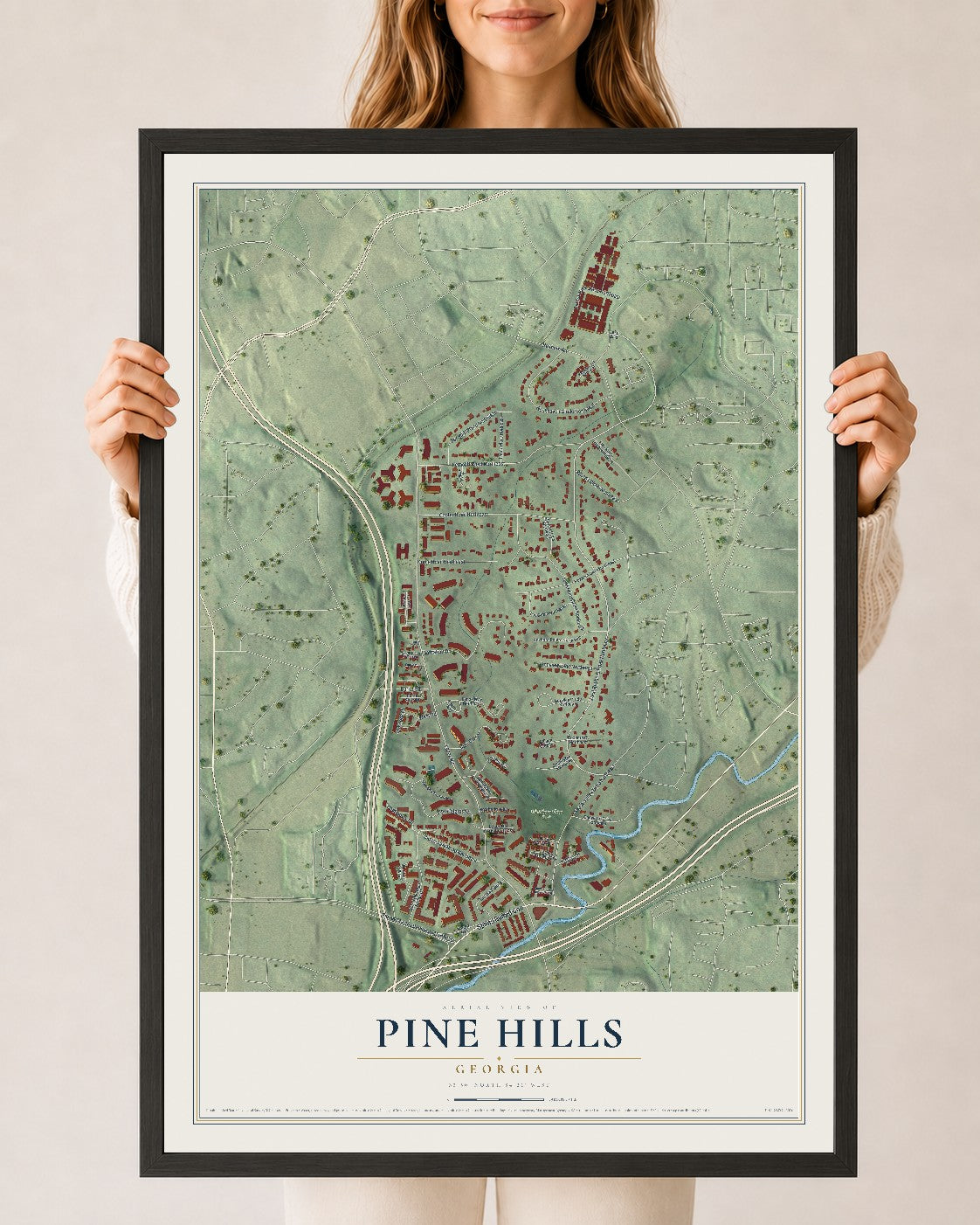Pine Hills, Georgia map print, 24" x 36" W/ Black Ayous Wood Frame mockup
