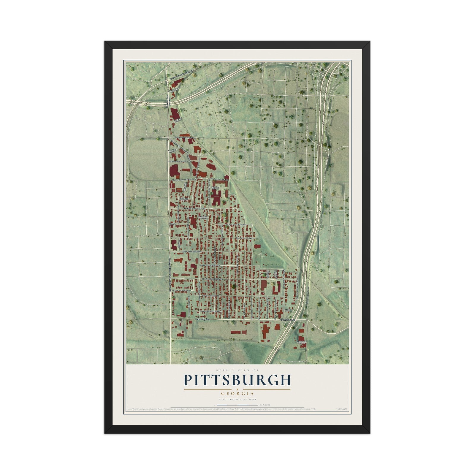 Pittsburgh, Georgia map print, 12" x 18" W/ Black Ayous Wood Frame mockup