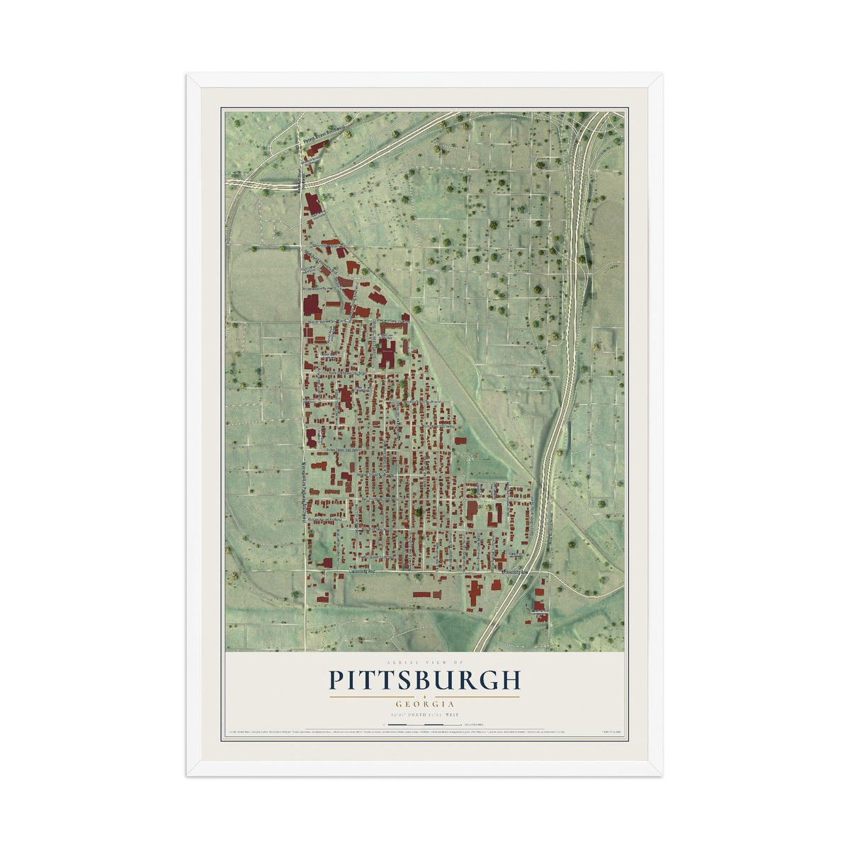 Pittsburgh, Georgia map print, 12" x 18" W/ White Ayous Wood Frame mockup