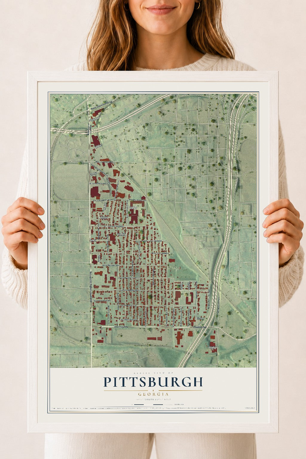 Pittsburgh, Georgia map print, 18" x 24" W/ White Ayous Wood Frame mockup