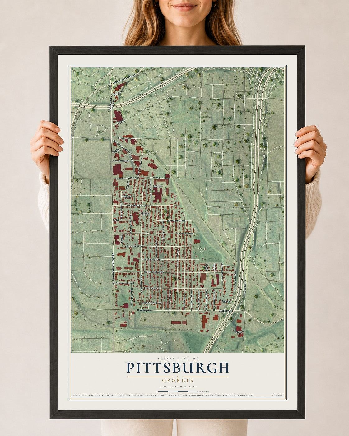 Pittsburgh, Georgia map print, 24" x 36" W/ Black Ayous Wood Frame mockup