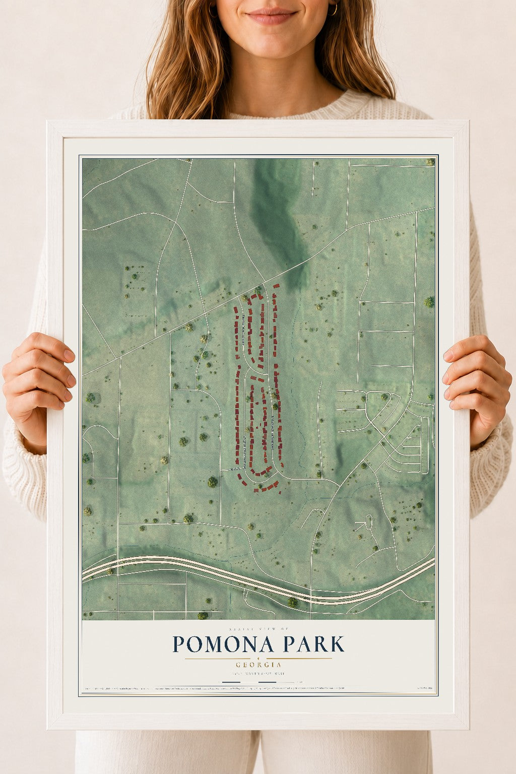 Pomona Park, Georgia map print, 18" x 24" W/ White Ayous Wood Frame mockup