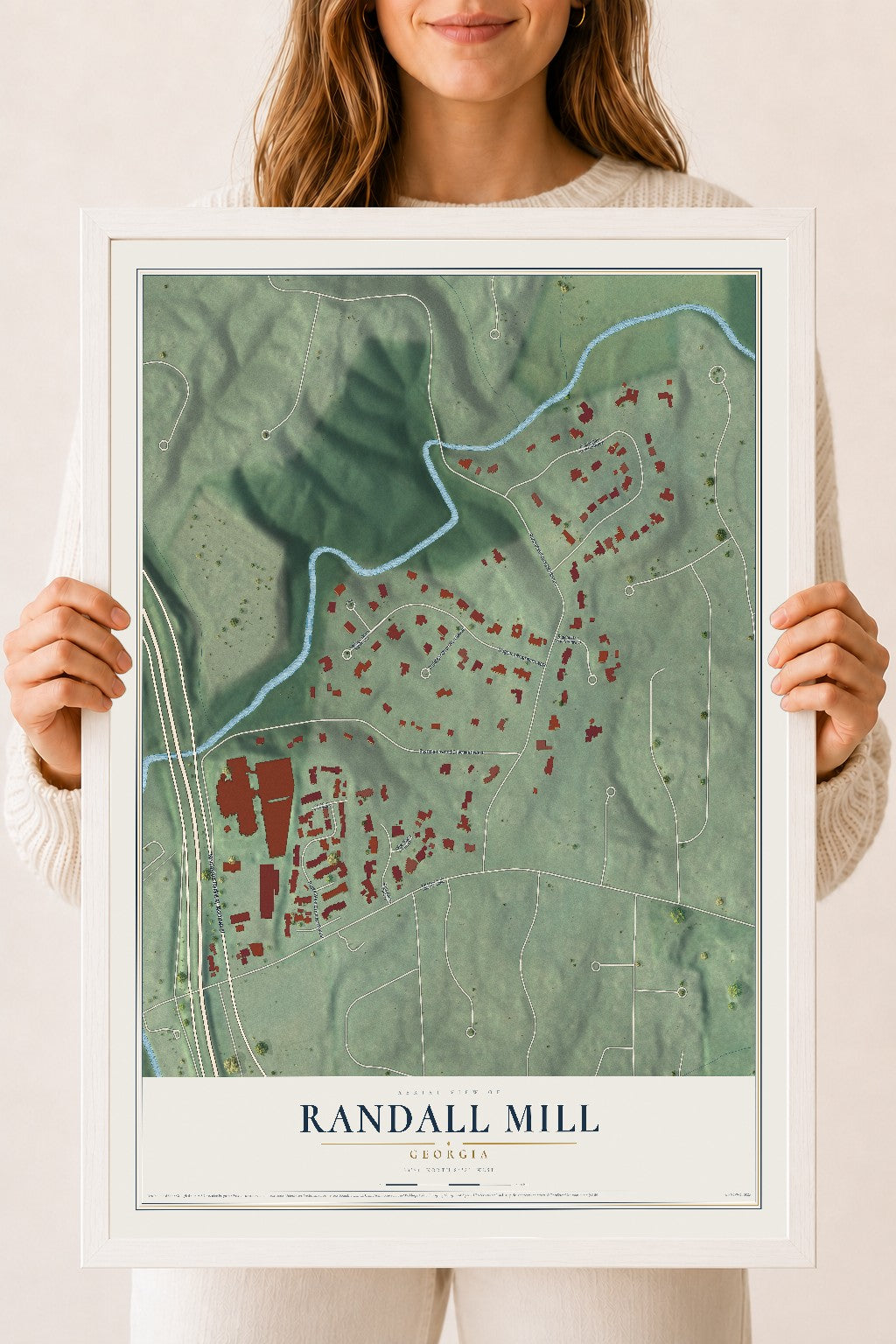 Randall Mill, Georgia map print, 18" x 24" W/ White Ayous Wood Frame mockup
