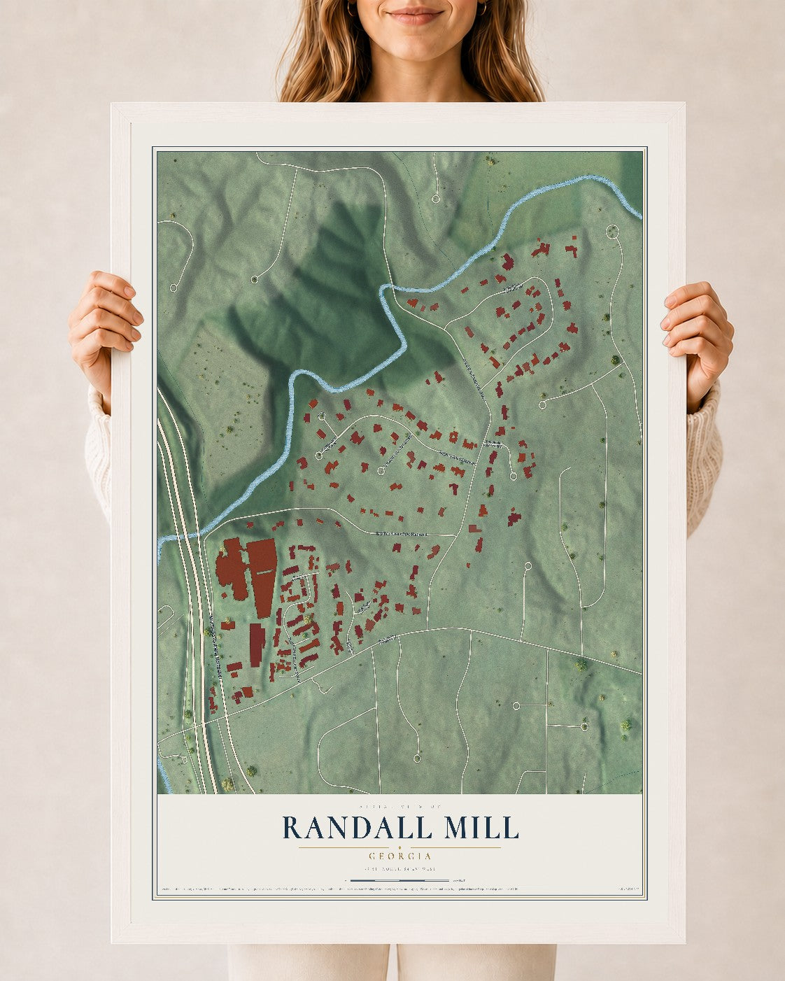 Randall Mill, Georgia map print, 24" x 36" W/ White Ayous Wood Frame mockup