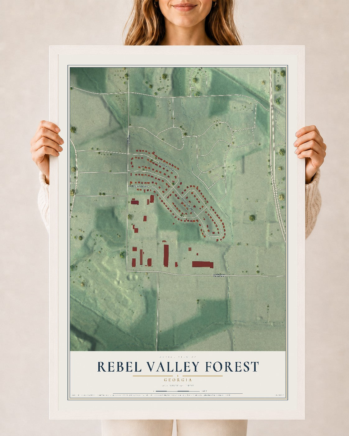 Rebel Valley Forest, Georgia map print, 24" x 36" W/ White Ayous Wood Frame mockup