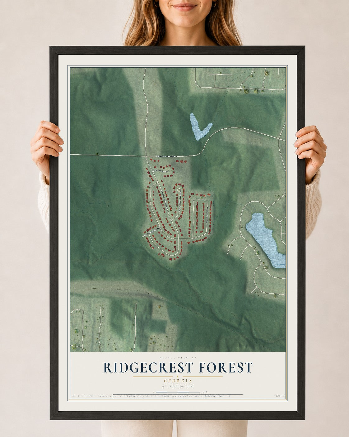Ridgecrest Forest, Georgia map print, 24" x 36" W/ Black Ayous Wood Frame mockup
