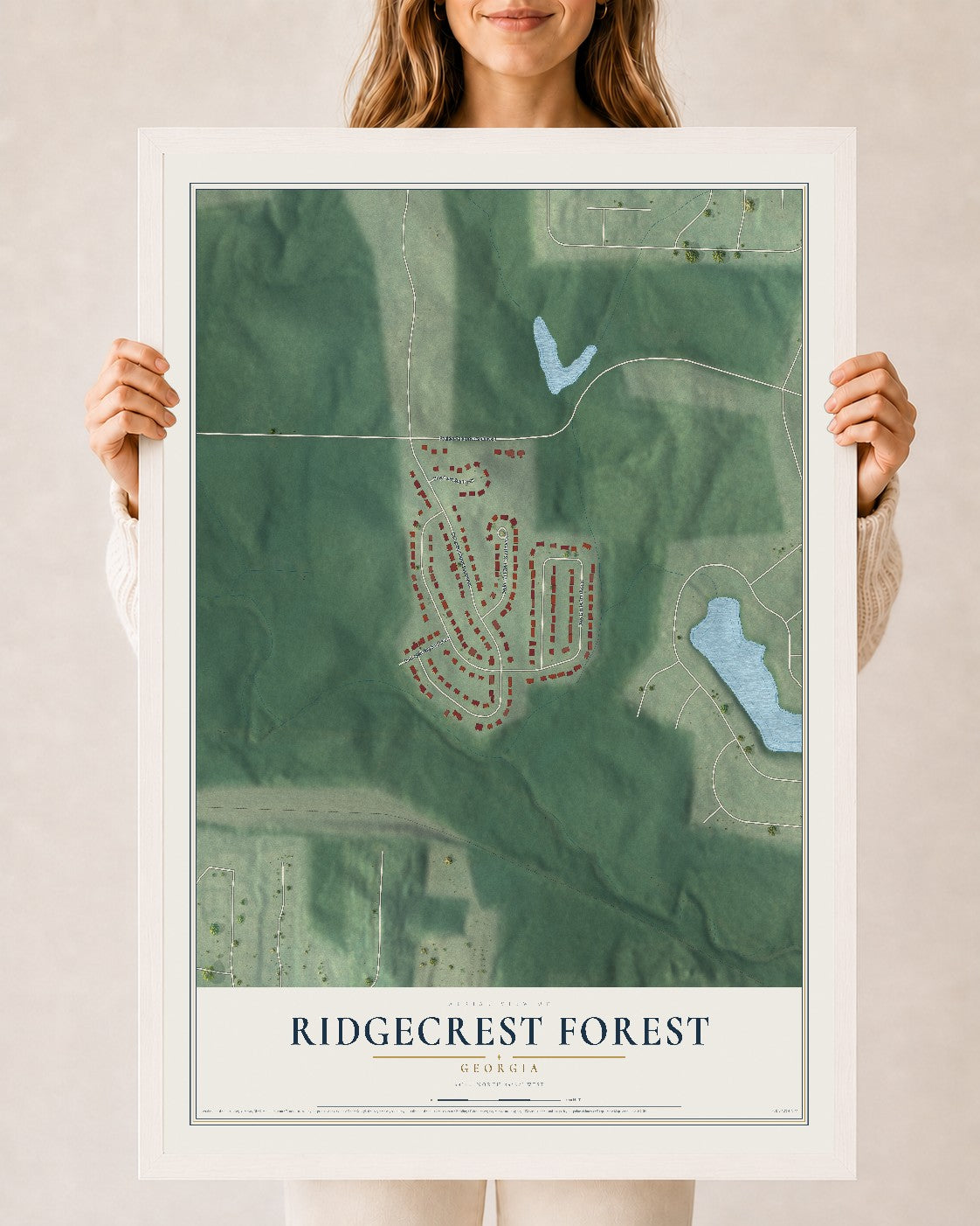 Ridgecrest Forest, Georgia map print, 24" x 36" W/ White Ayous Wood Frame mockup