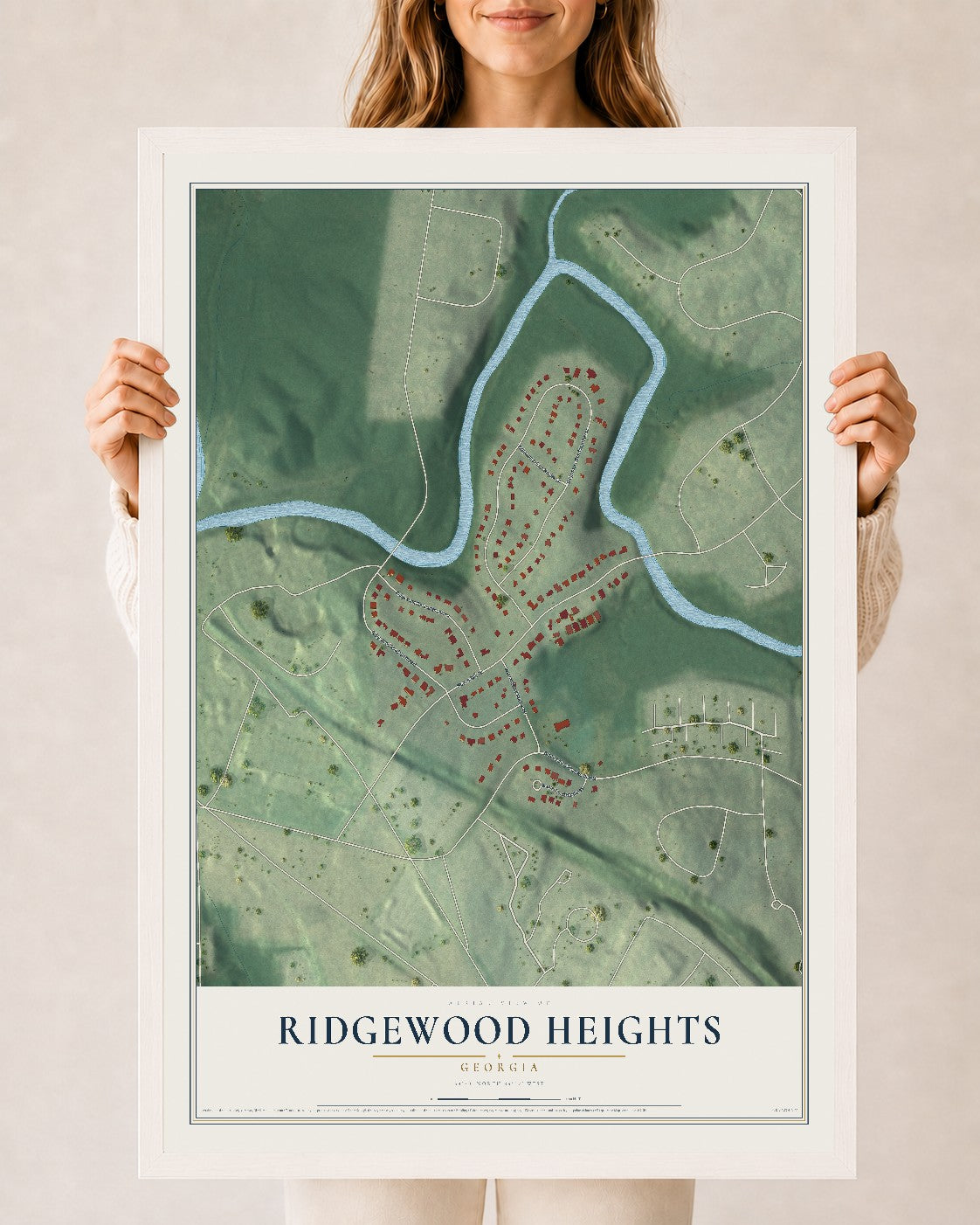Ridgewood Heights, Georgia map print, 24" x 36" W/ White Ayous Wood Frame mockup