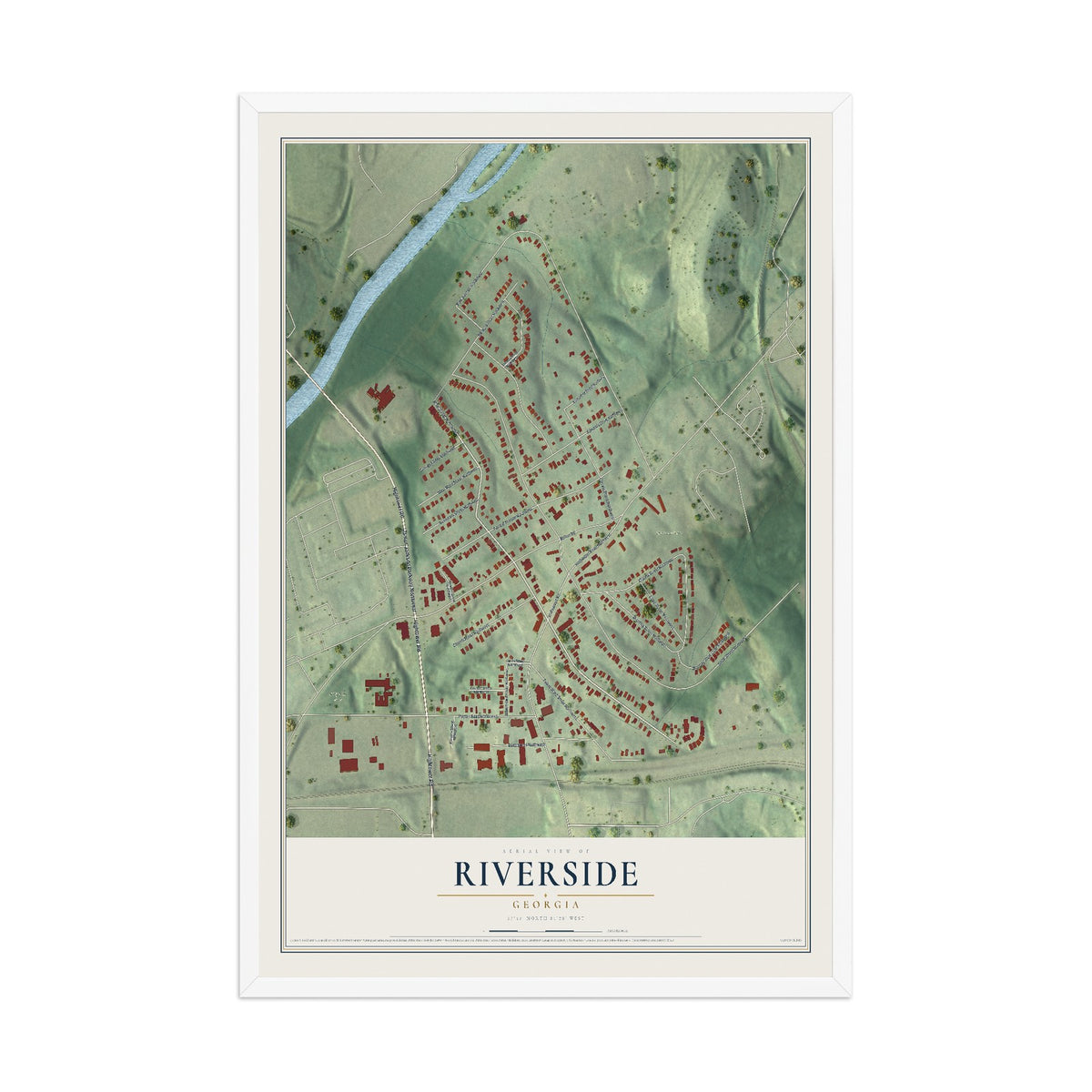 Riverside, Georgia map print, 12" x 18" W/ White Ayous Wood Frame mockup