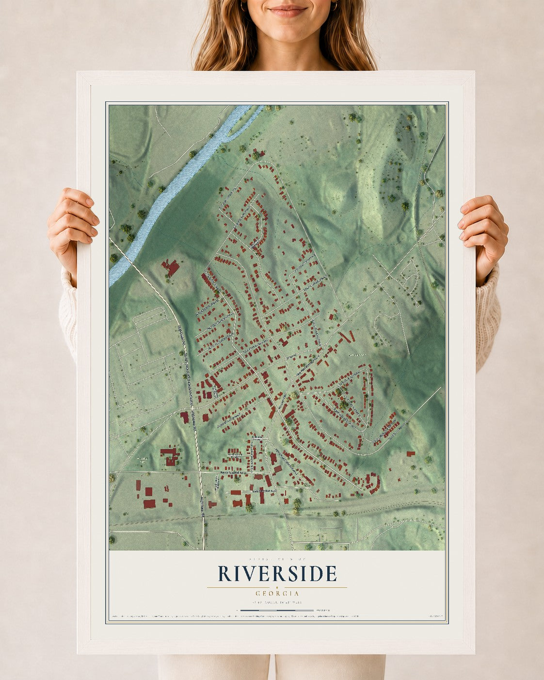Riverside, Georgia map print, 24" x 36" W/ White Ayous Wood Frame mockup