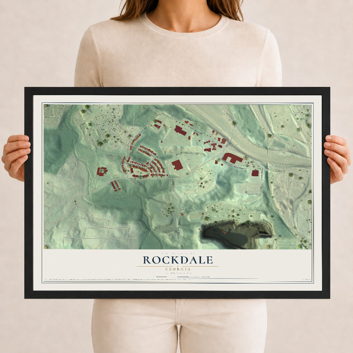 Rockdale, Georgia map print, 12" x 18" W/ Black Ayous Wood Frame mockup