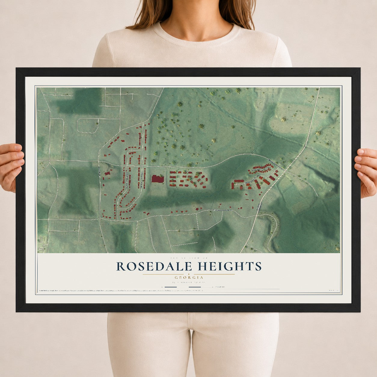 Rosedale Heights, Georgia map print, 18" x 24" W/ Black Ayous Wood Frame mockup