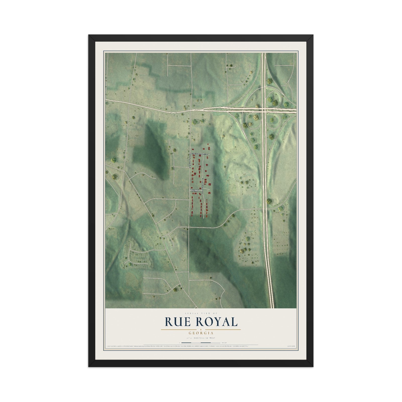 Rue Royal, Georgia map print, 12" x 18" W/ Black Ayous Wood Frame mockup
