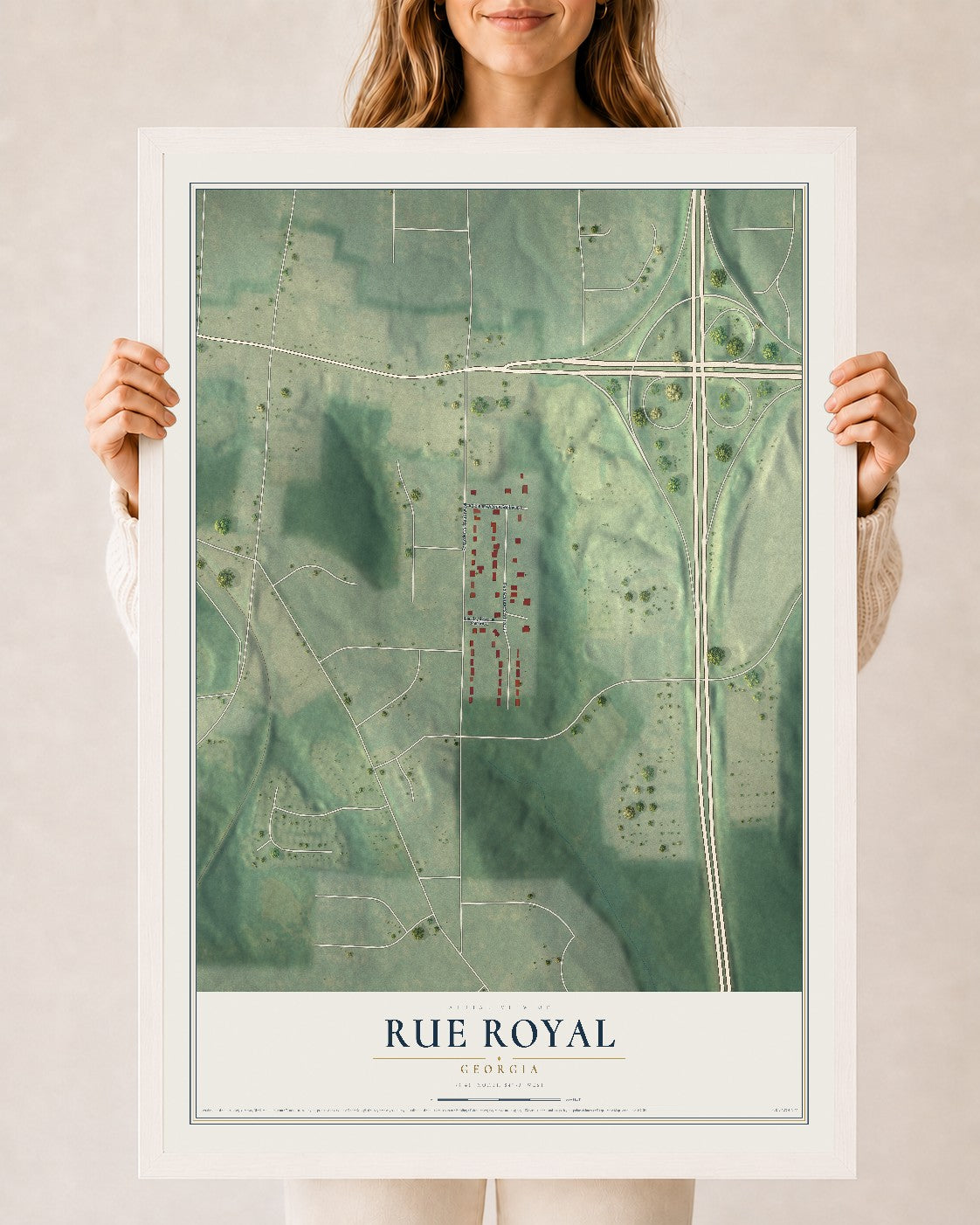 Rue Royal, Georgia map print, 24" x 36" W/ White Ayous Wood Frame mockup