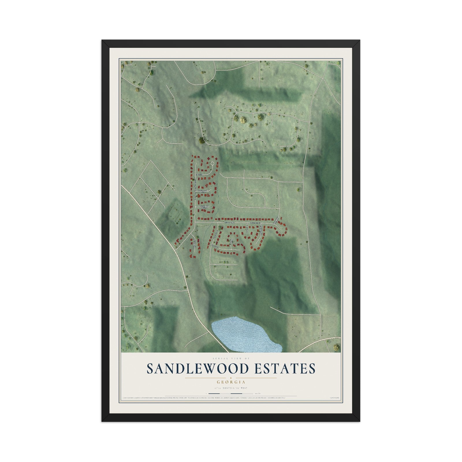 Sandlewood Estates, Georgia map print, 12" x 18" W/ Black Ayous Wood Frame mockup