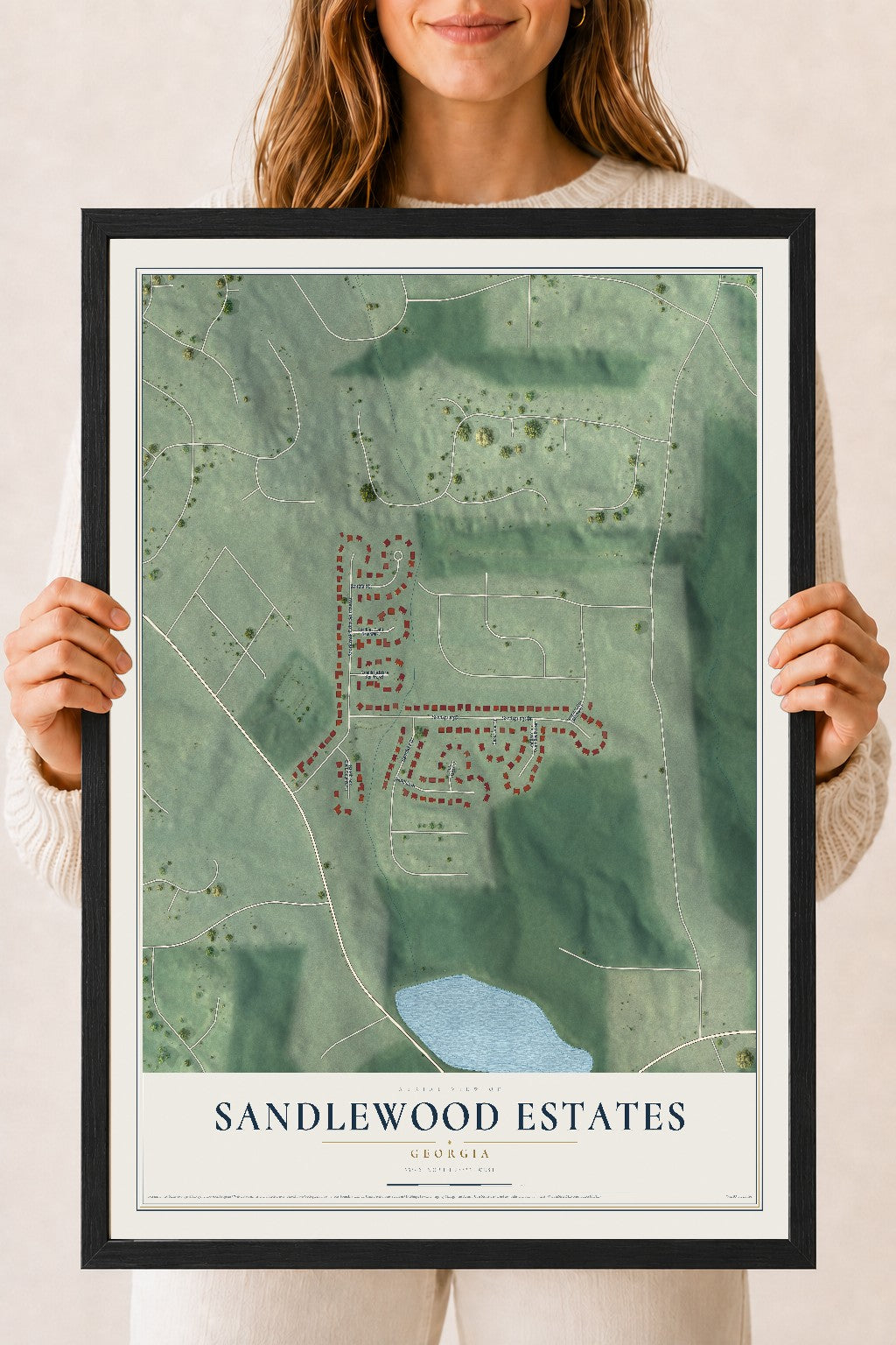 Sandlewood Estates, Georgia map print, 18" x 24" W/ Black Ayous Wood Frame mockup