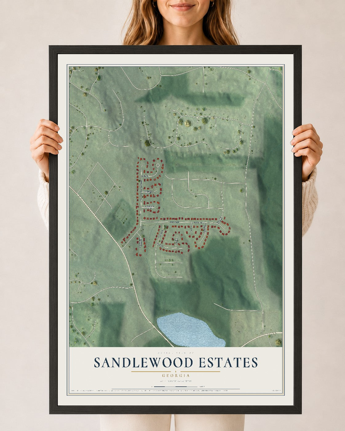 Sandlewood Estates, Georgia map print, 24" x 36" W/ Black Ayous Wood Frame mockup