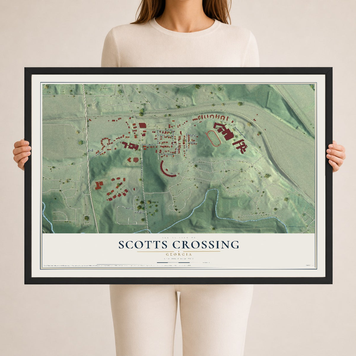 Scotts Crossing, Georgia map print, 24" x 36" W/ Black Ayous Wood Frame mockup