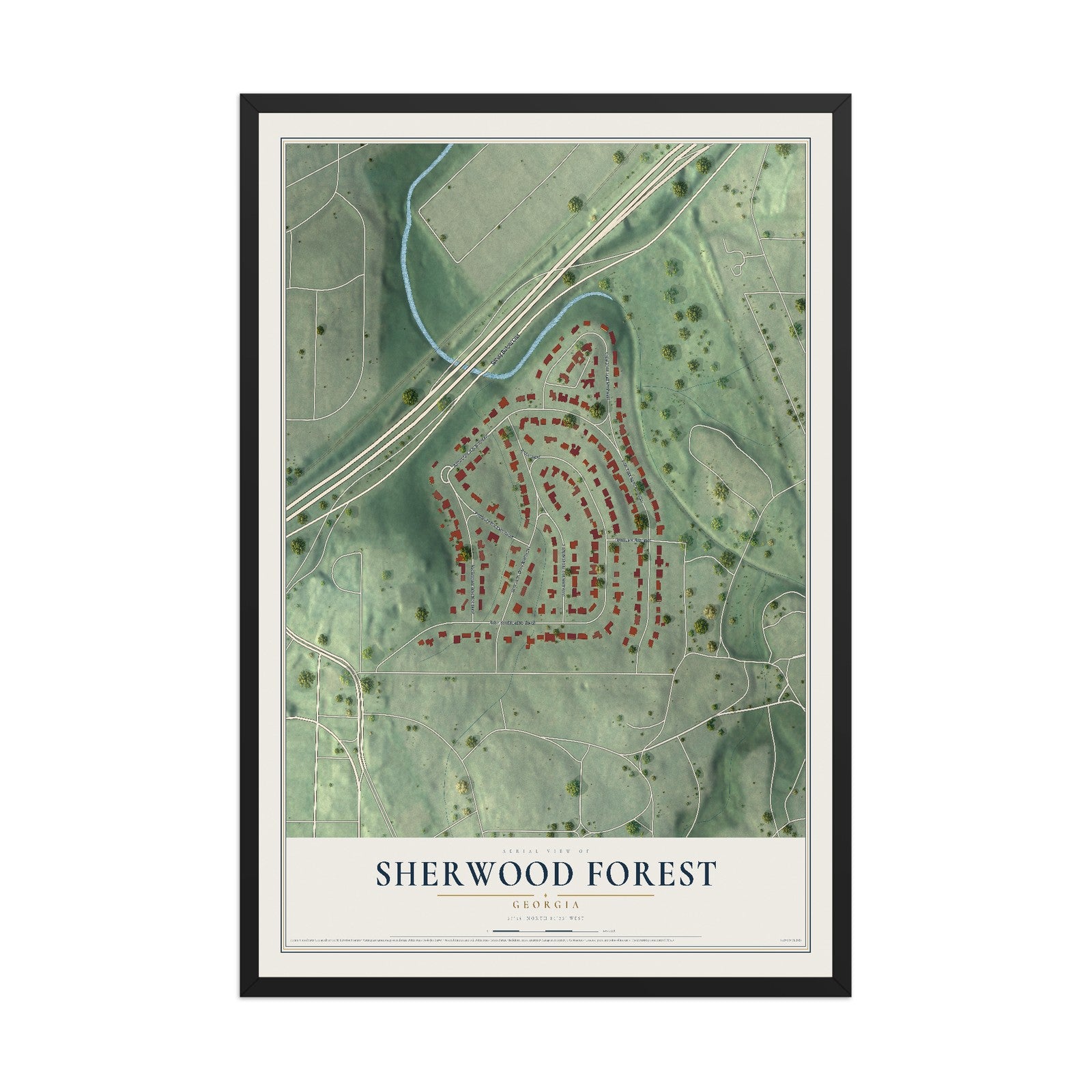 Sherwood Forest, Georgia map print, 12" x 18" W/ Black Ayous Wood Frame mockup