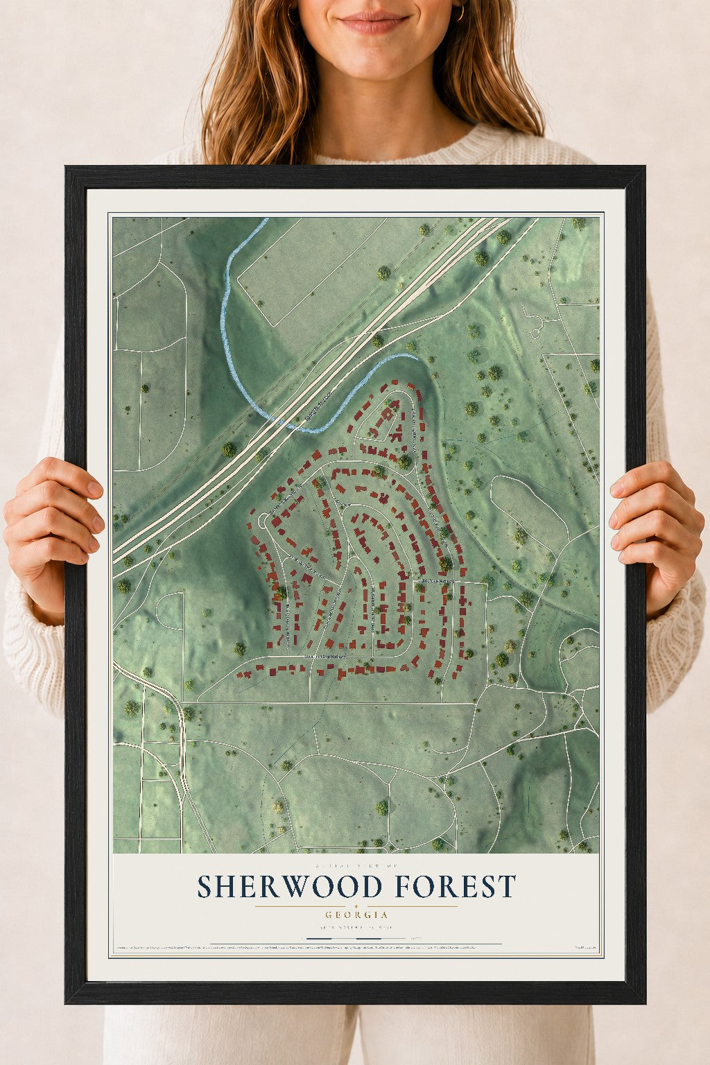 Sherwood Forest, Georgia map print, 18" x 24" W/ Black Ayous Wood Frame mockup