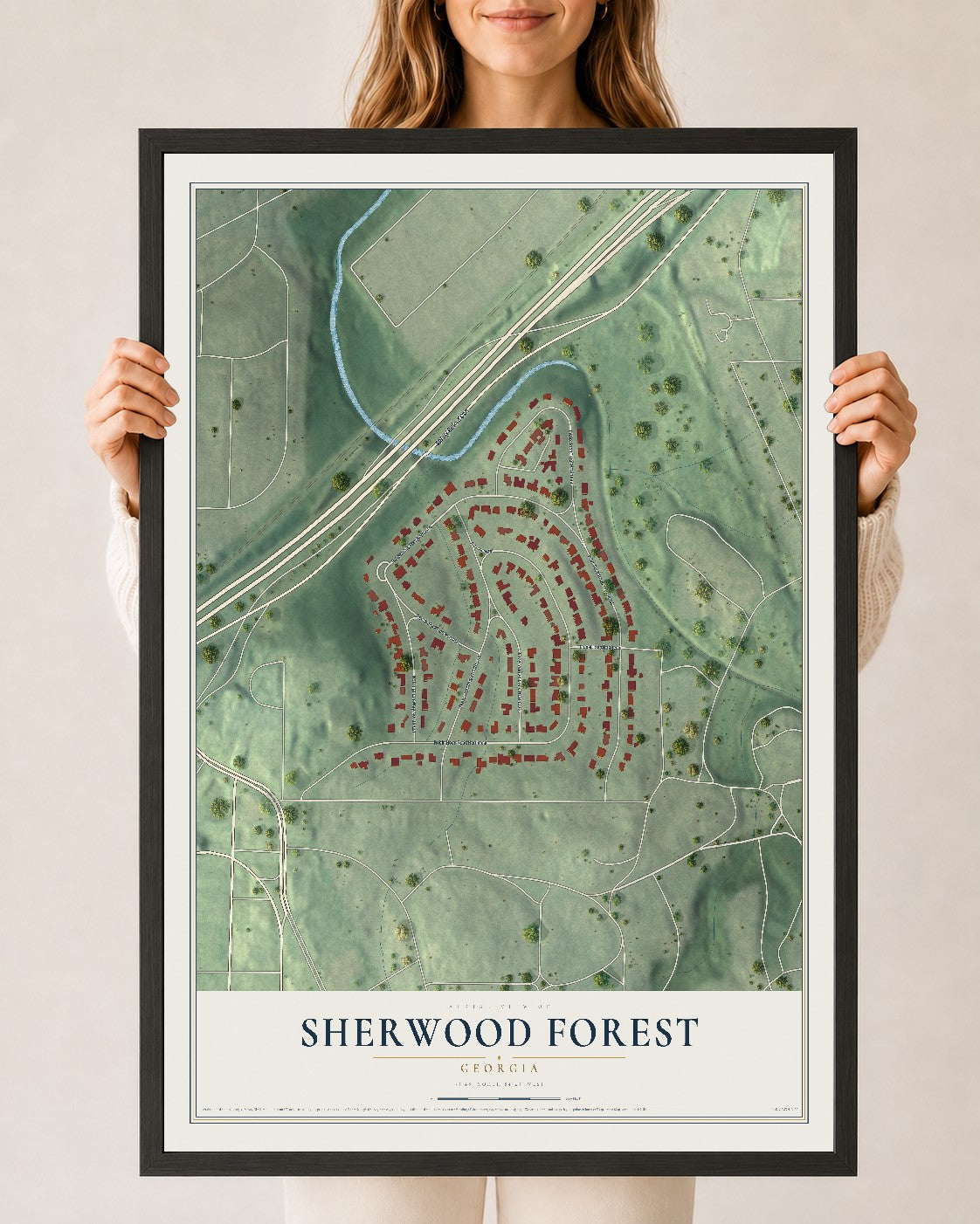 Sherwood Forest, Georgia map print, 24" x 36" W/ Black Ayous Wood Frame mockup