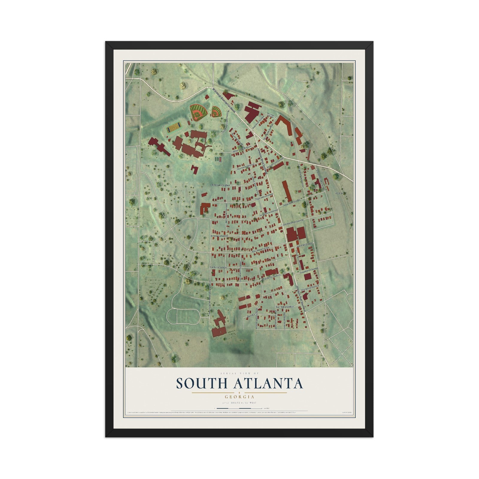 South Atlanta, Georgia map print, 12" x 18" W/ Black Ayous Wood Frame mockup