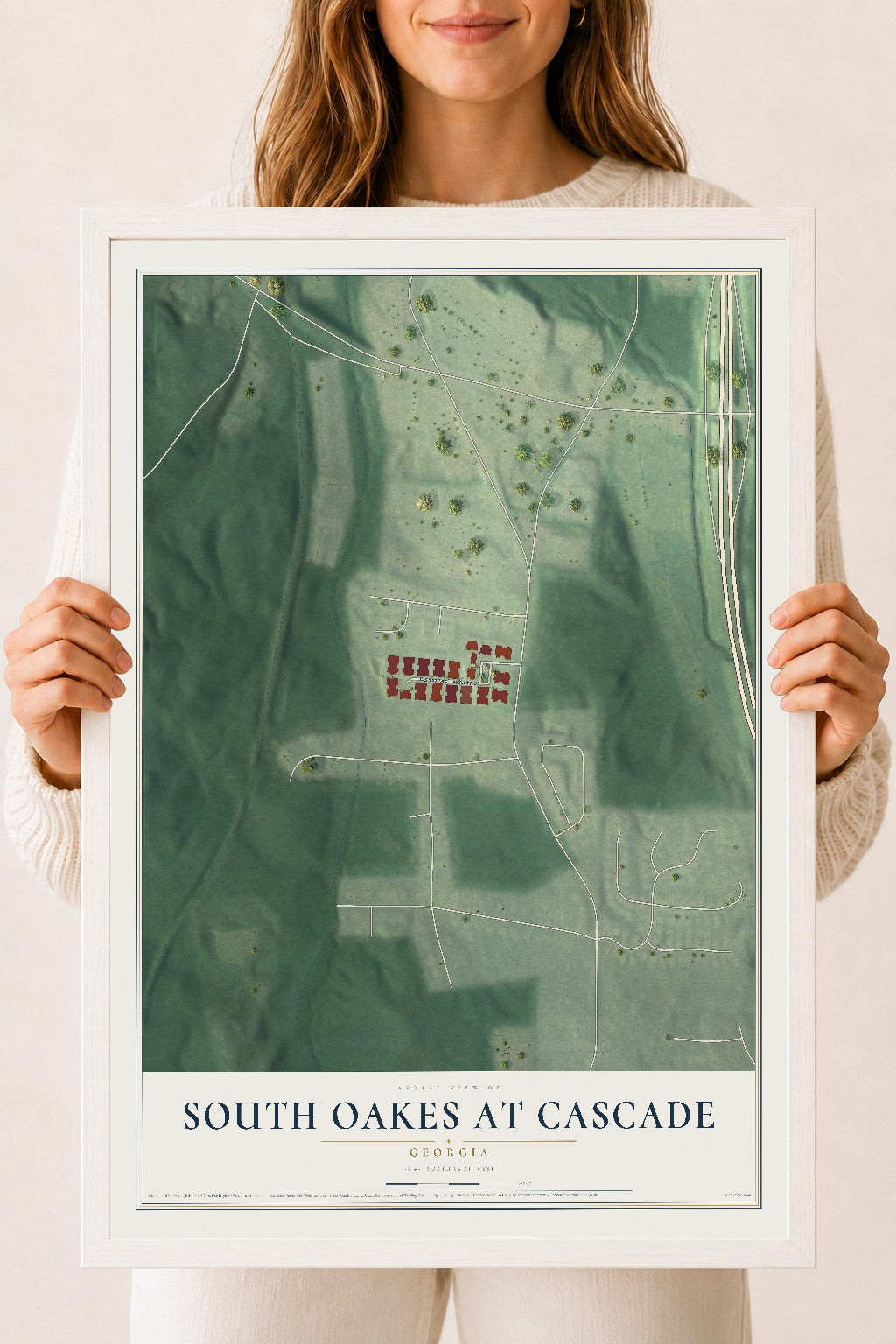 South Oakes at Cascade, Georgia map print, 18" x 24" W/ White Ayous Wood Frame mockup