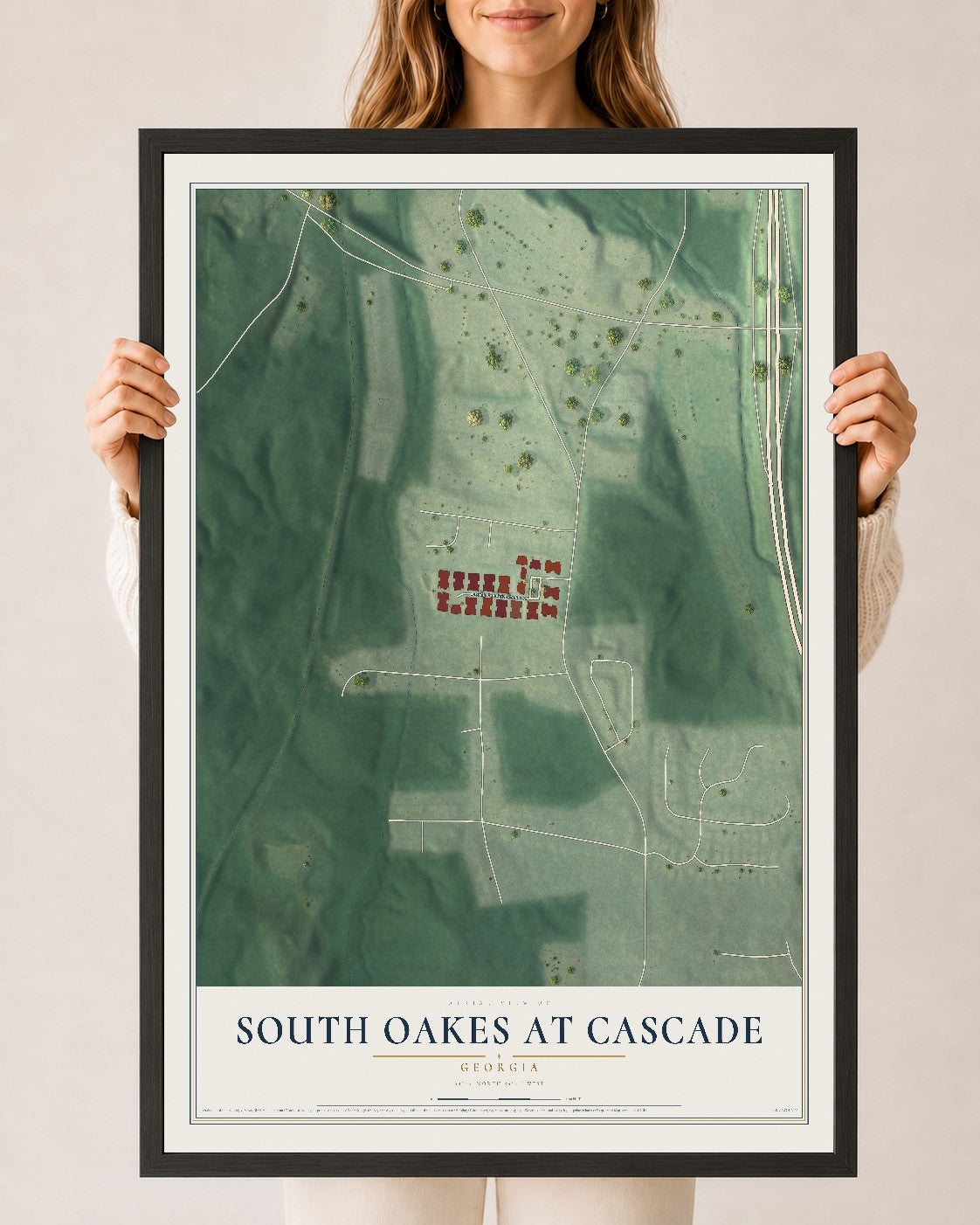 South Oakes at Cascade, Georgia map print, 24" x 36" W/ Black Ayous Wood Frame mockup