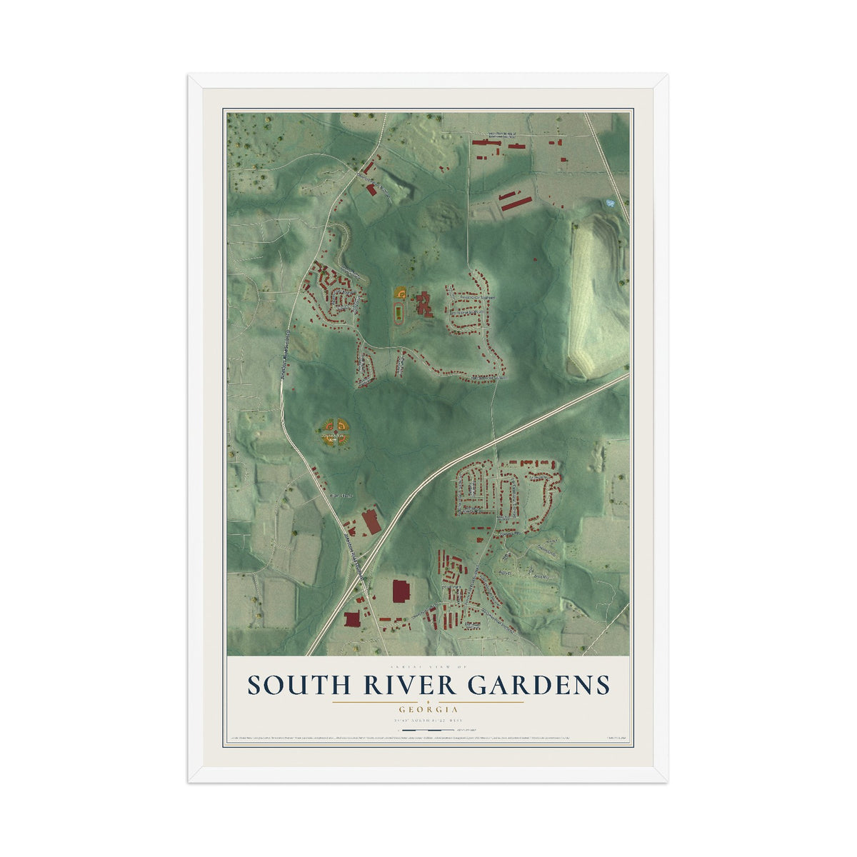 South River Gardens, Georgia map print, 12" x 18" W/ White Ayous Wood Frame mockup
