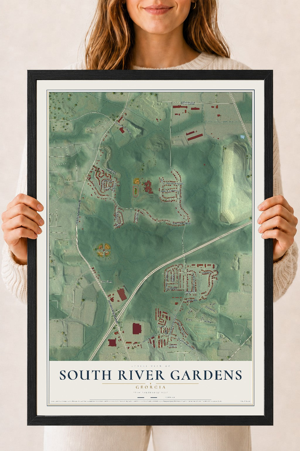 South River Gardens, Georgia map print, 18" x 24" W/ Black Ayous Wood Frame mockup