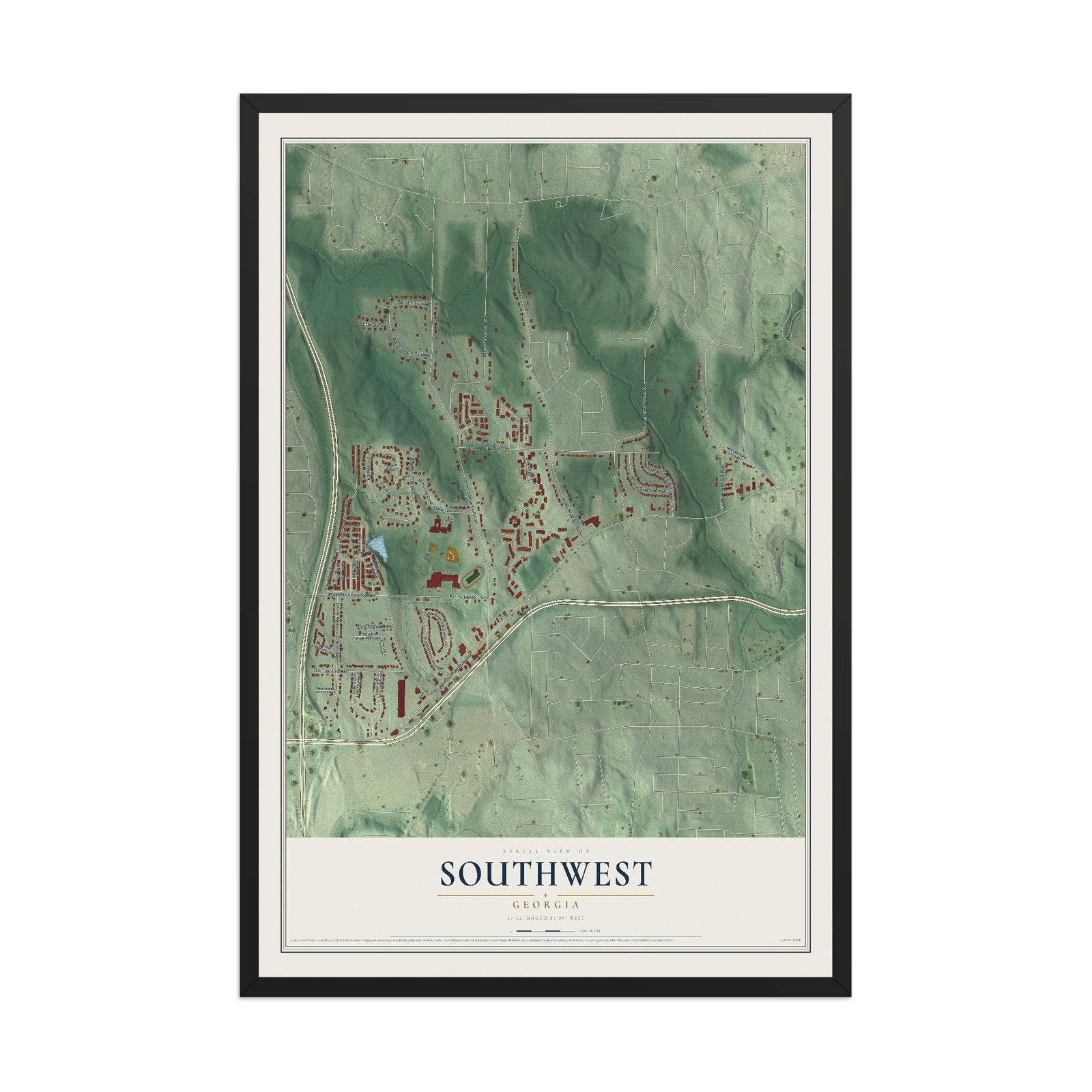 Southwest, Georgia map print, 12" x 18" W/ Black Ayous Wood Frame mockup