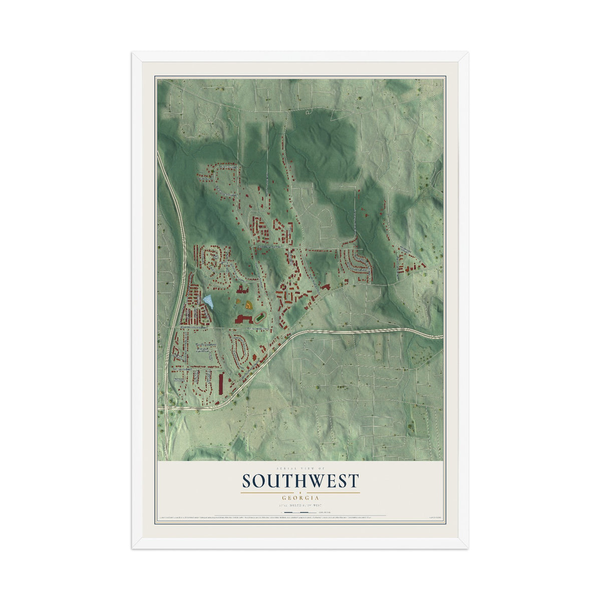 Southwest, Georgia map print, 12" x 18" W/ White Ayous Wood Frame mockup