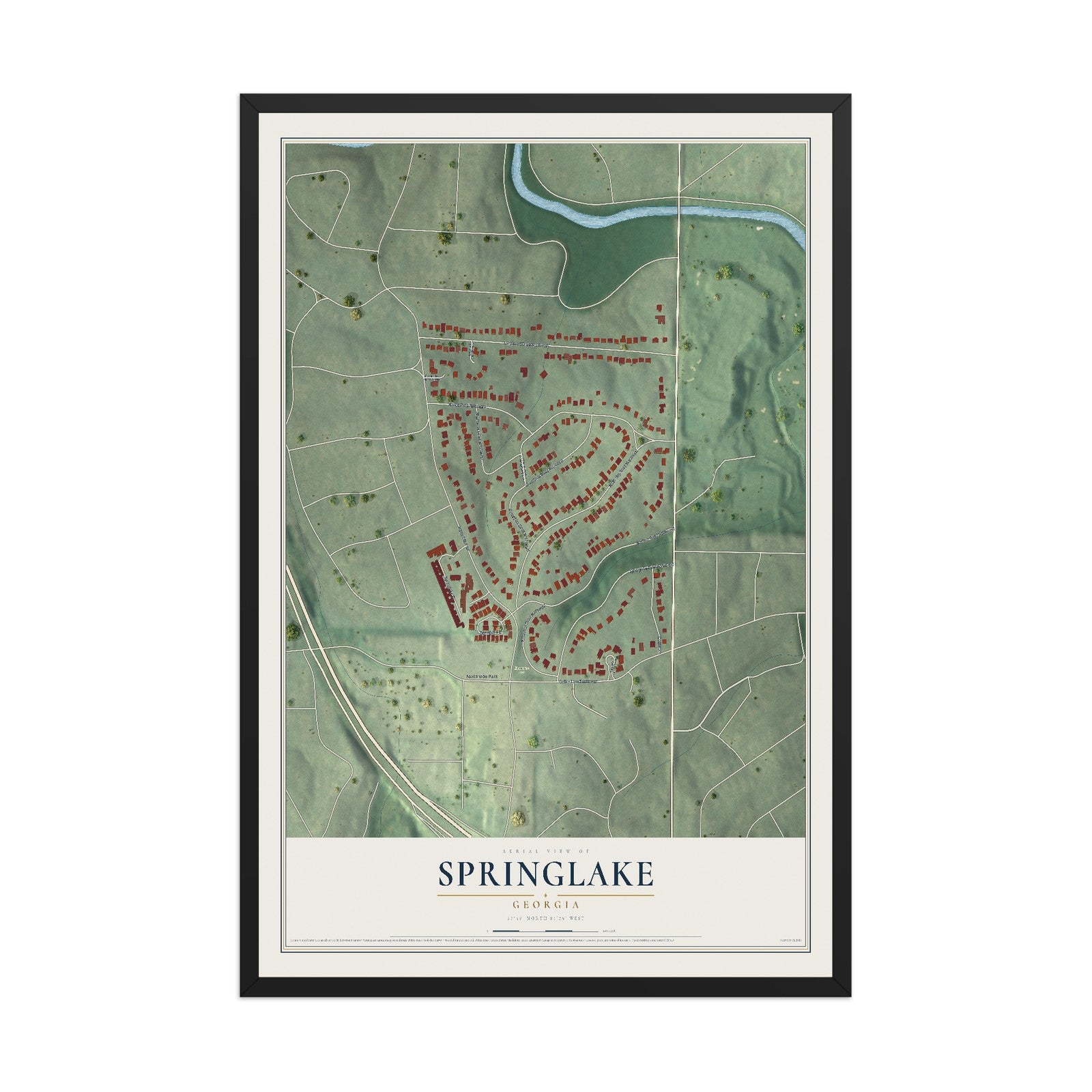 Springlake, Georgia map print, 12" x 18" W/ Black Ayous Wood Frame mockup