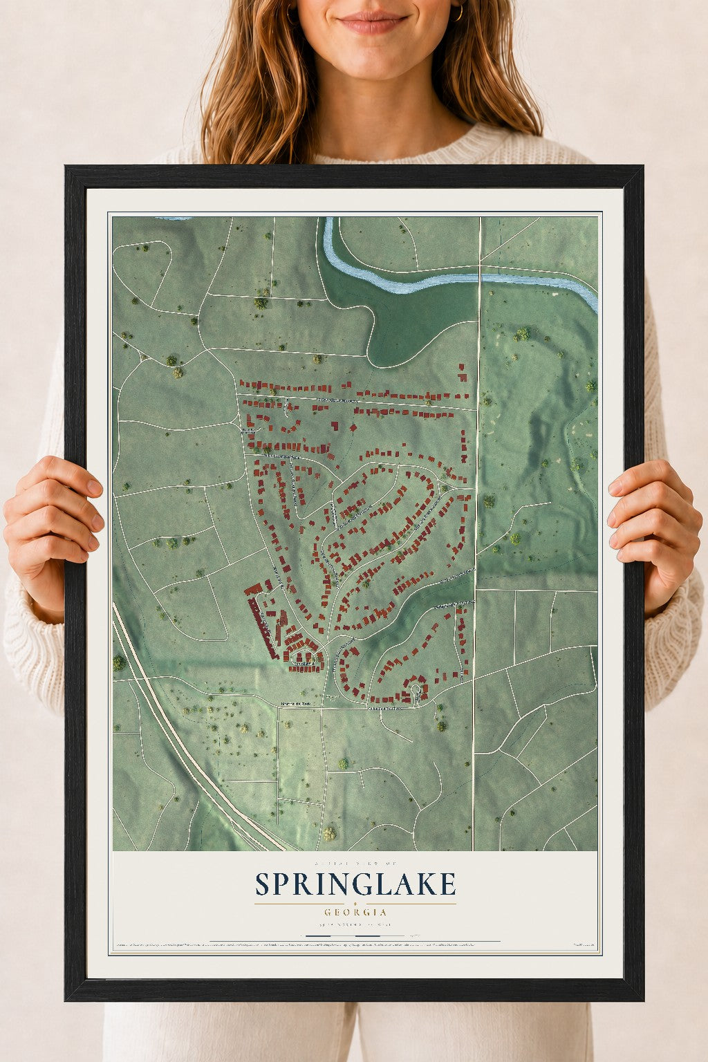 Springlake, Georgia map print, 18" x 24" W/ Black Ayous Wood Frame mockup