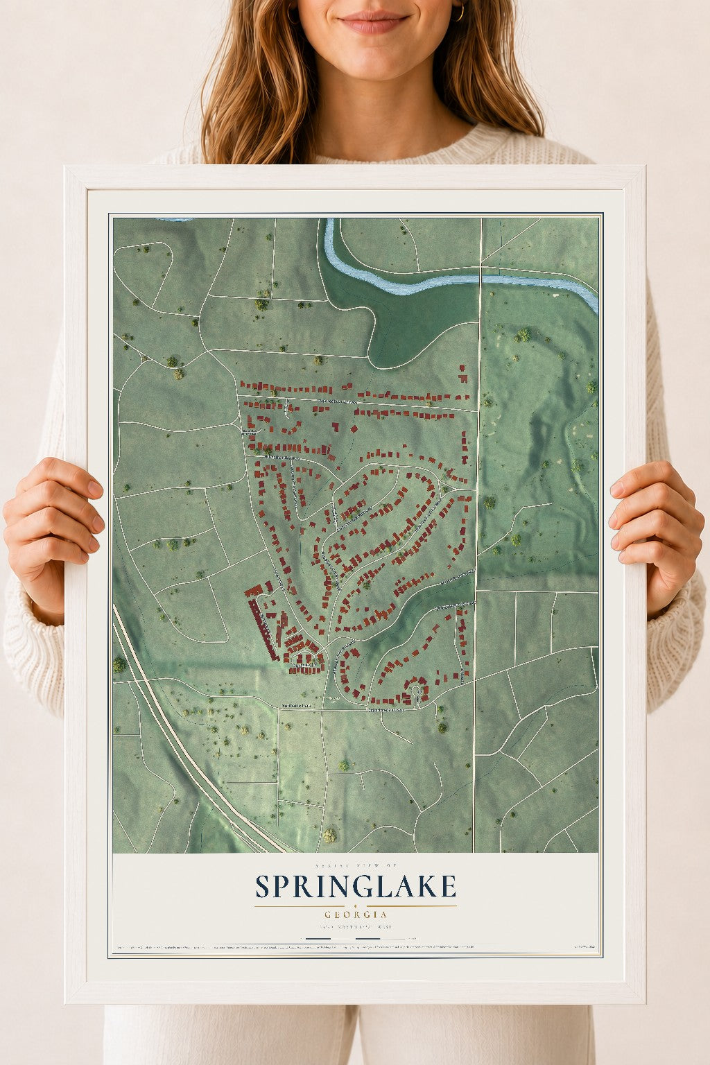 Springlake, Georgia map print, 18" x 24" W/ White Ayous Wood Frame mockup