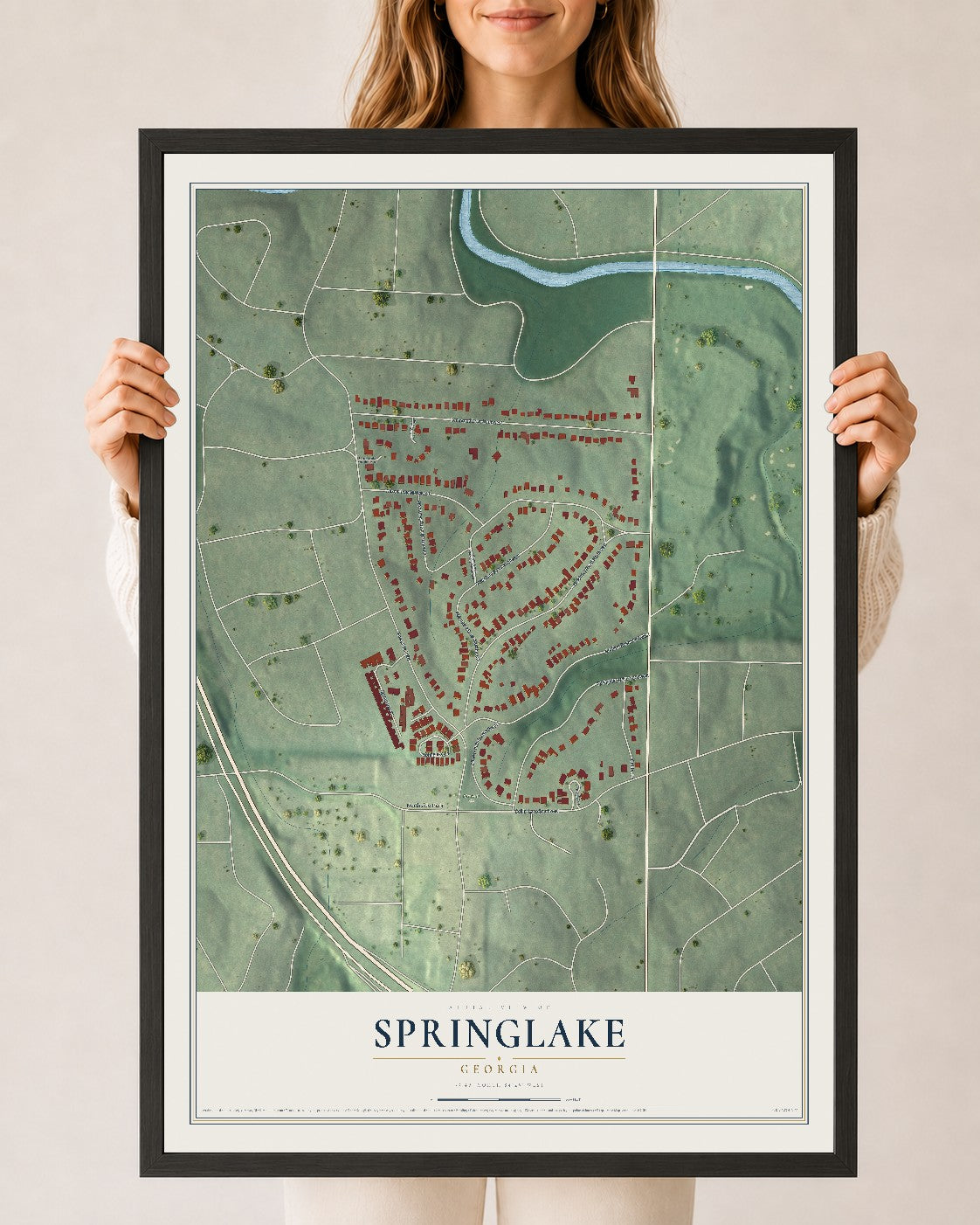 Springlake, Georgia map print, 24" x 36" W/ Black Ayous Wood Frame mockup