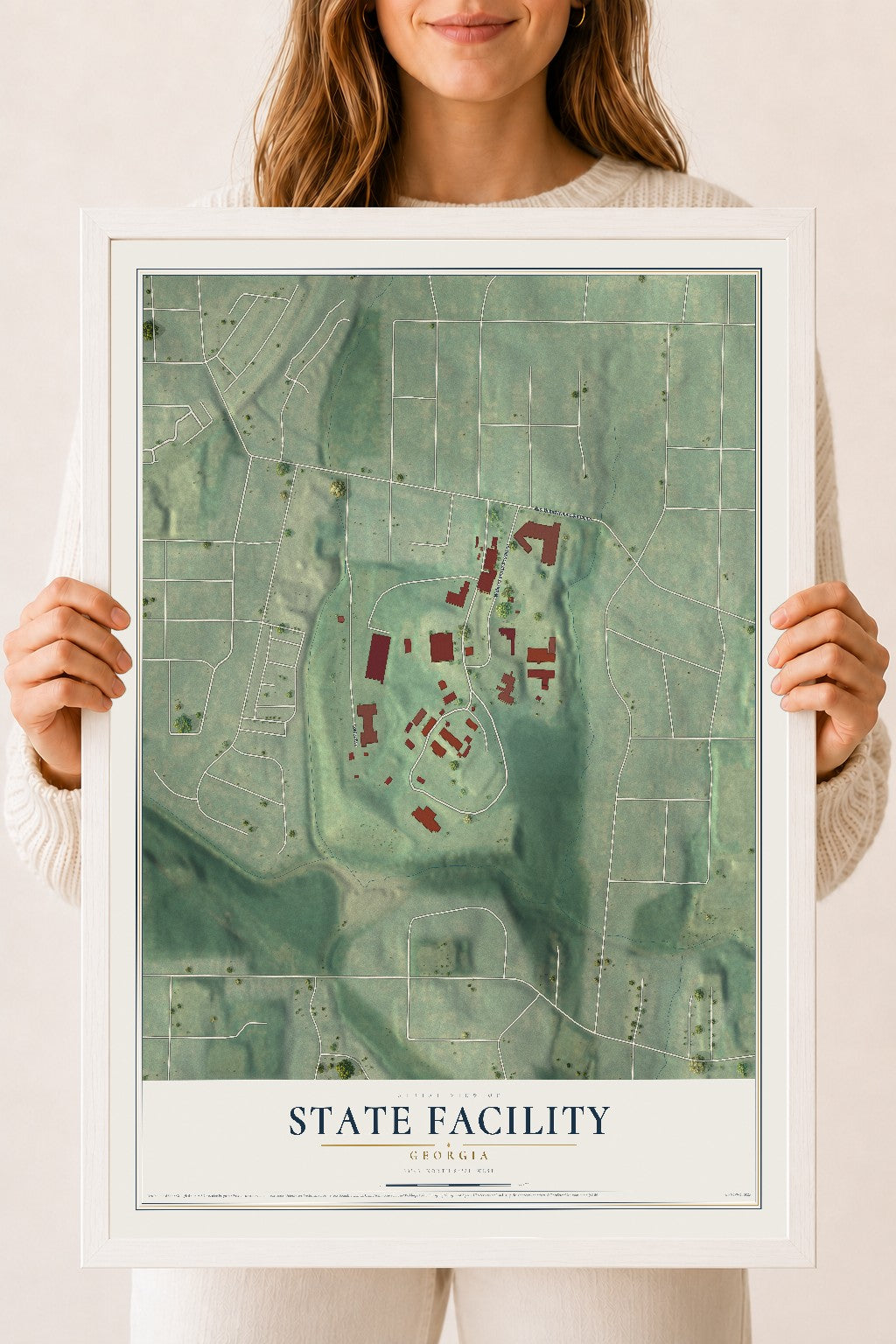 State Facility, Georgia map print, 18" x 24" W/ White Ayous Wood Frame mockup