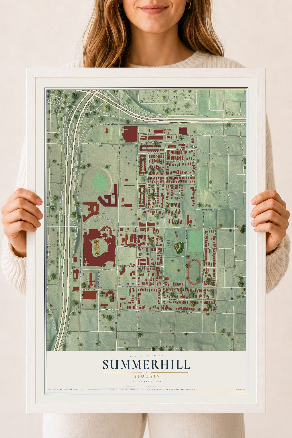 Summerhill, Georgia map print, 18" x 24" W/ White Ayous Wood Frame mockup