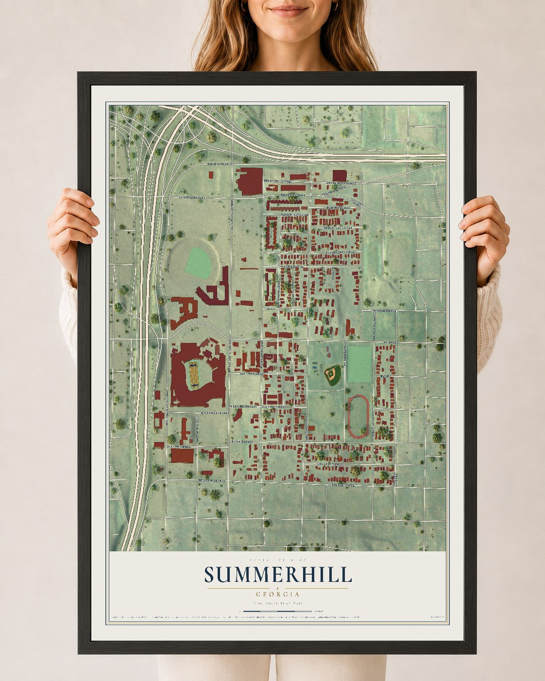 Summerhill, Georgia map print, 24" x 36" W/ Black Ayous Wood Frame mockup